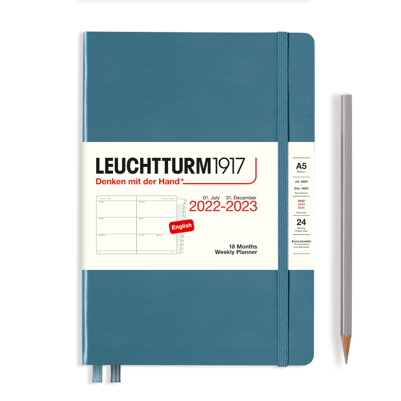  - Еженедельник Leuchtturm Medium (A5) на 2023г (18мес) с буклетом твердая обложка Синий Камень