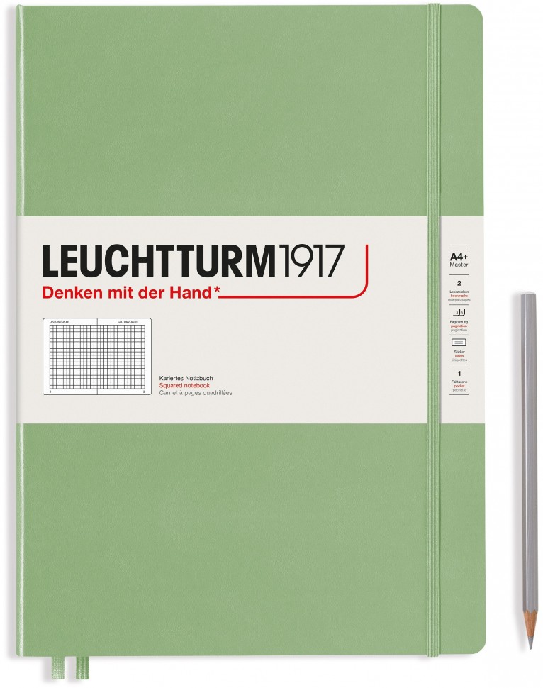  - Записная книжка Leuchtturm Master Slim А4+ (в клетку), пастельный зелёный, 123 стр. , твердая обложка