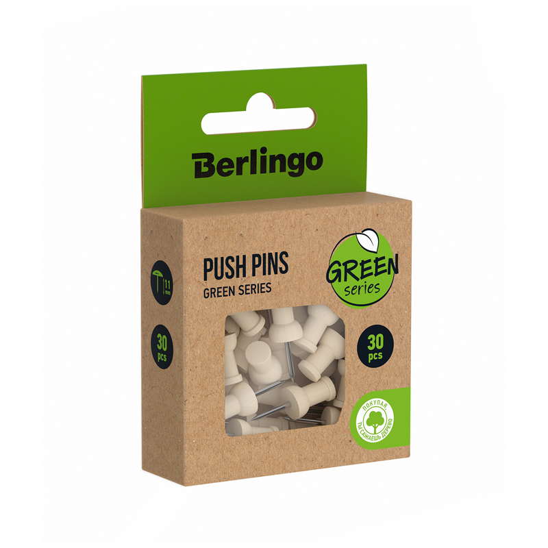  - Кнопки силовые Berlingo «Green Series», 30шт, деревянные, крафт упак