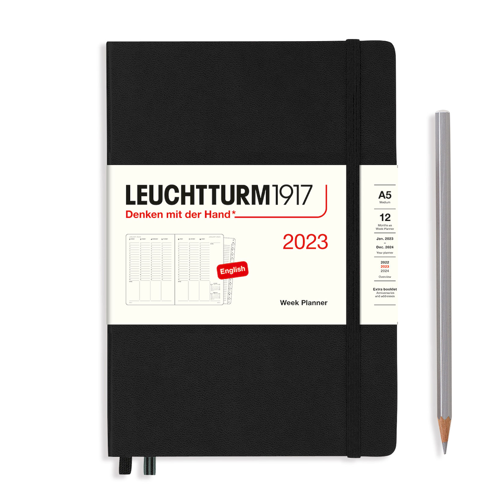  - Еженедельник Leuchtturm1917 Medium (A5) на 2023г дни с расписанием твердая обложка Черный + алфавитная записная книжка