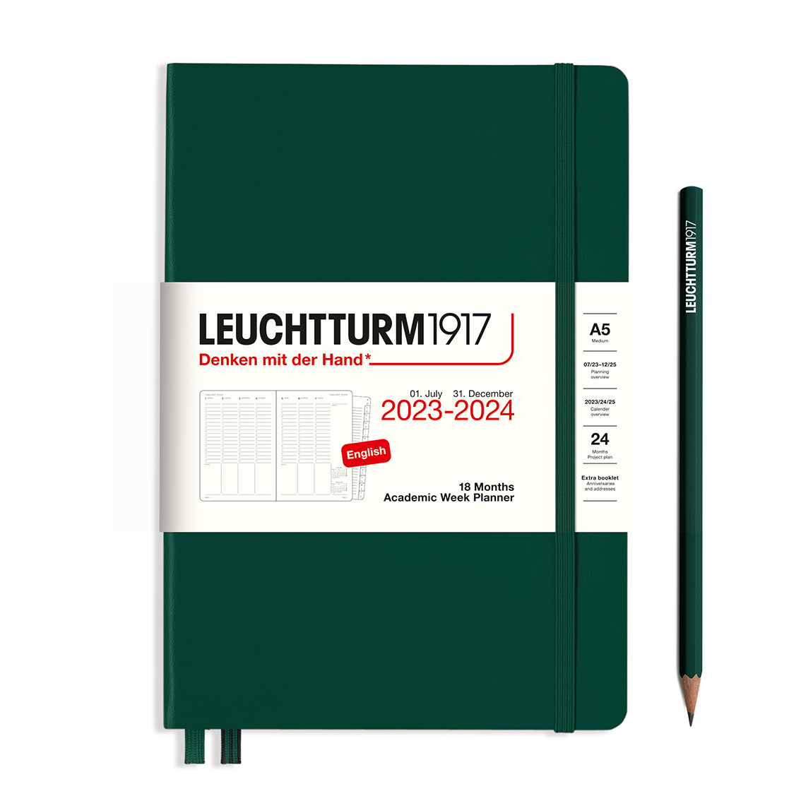  - Планер академический Leuchtturm1917 A5 на 18мес. (07. 23-01. 25) тв. обл. Зеленый Лес+блокнот A7